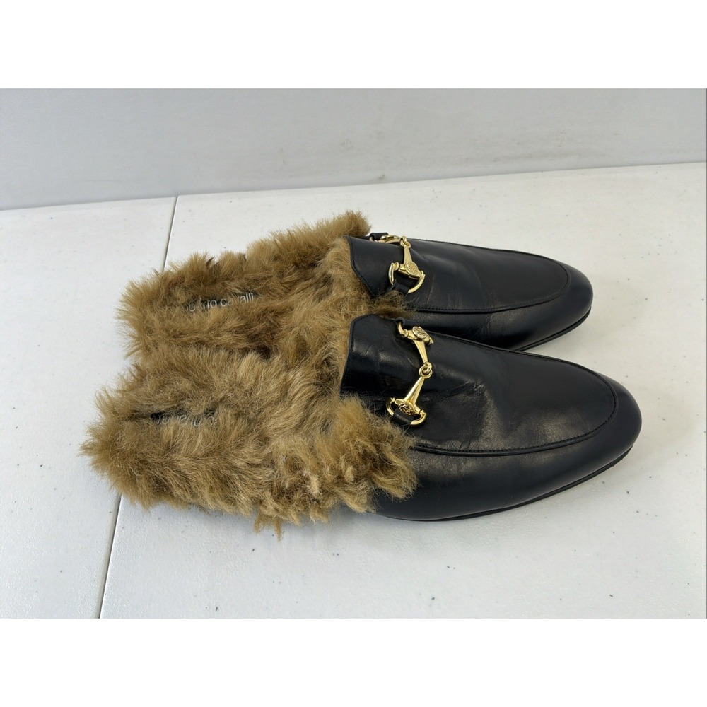 Roberto Cavalli Leather Loafers Mules Slip On Faux Fur Mens 10.5 Horsebit Black